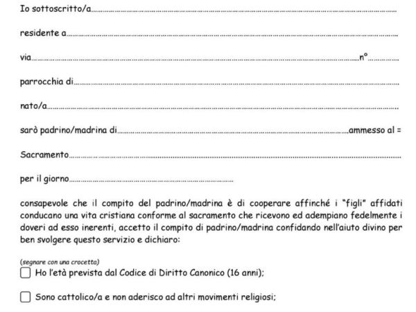 Dichiarazione per Padrino/Madrina