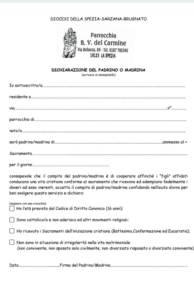 Dichiarazione per Padrino/Madrina